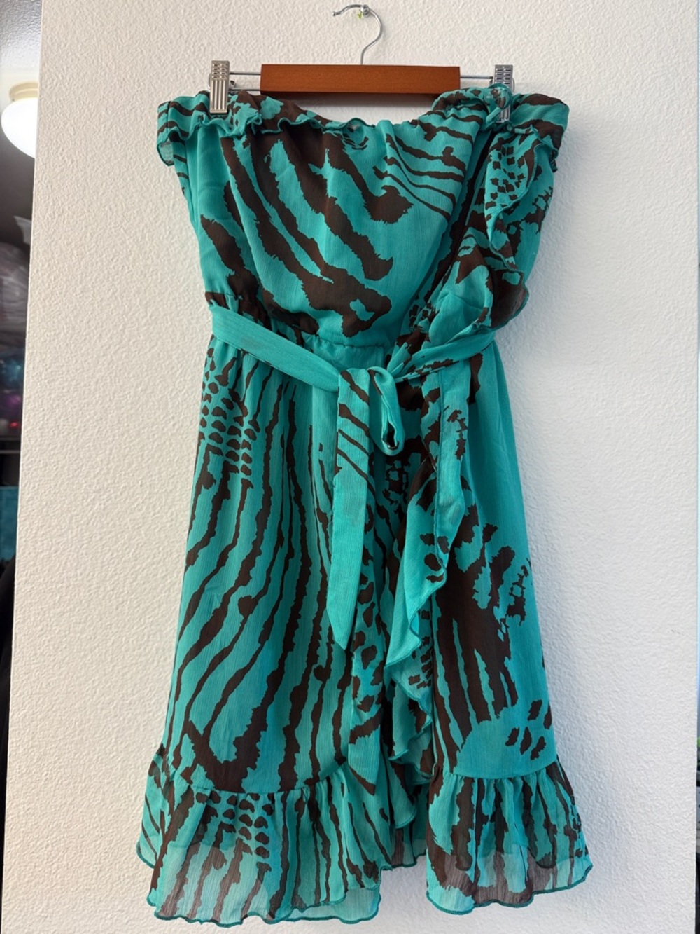 Strapless Teal Animal-Print Belted Dress